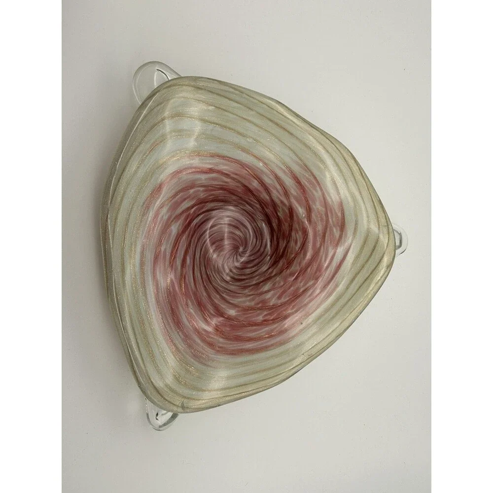 Murano Spiral Flat Bowl Hand Blown Glass Gold & Red Zebrati Fratelli  (No mark)